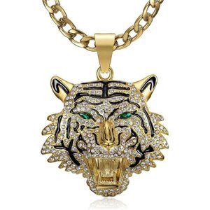 Roaring Tiger Head With Stainless Steel Necklace, For Men Hip Hop Jewelry